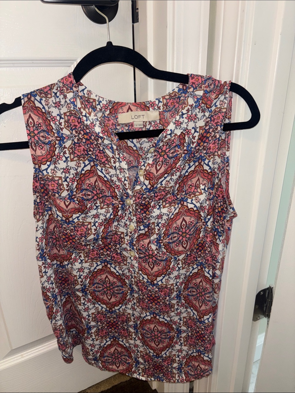 LOFT Pink and Blue Medallion Print Sleeveless V-Neck Top